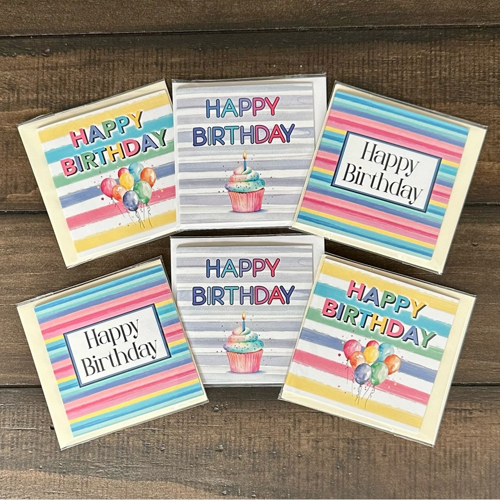 Set of 6 Mini Happy Birthday Cards - Folded Gift Tags with Envelopes. 2 of each